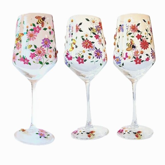 Wine Glasses Hand Painted Embellished Collectible Lot of 3 Floral Bees  NWT - Picture 1 of 7